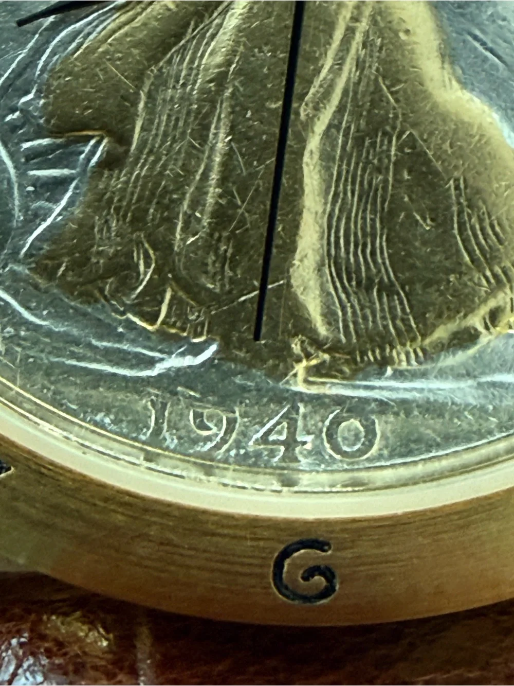 Brittania 1940 Walking Liberty Coin Watch Two-Tone Dial Gold Case Leather Strap
